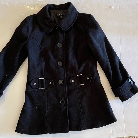 Black Button-front Felt Satin Lined Girls Midi Jacket - Picture 2 of 9